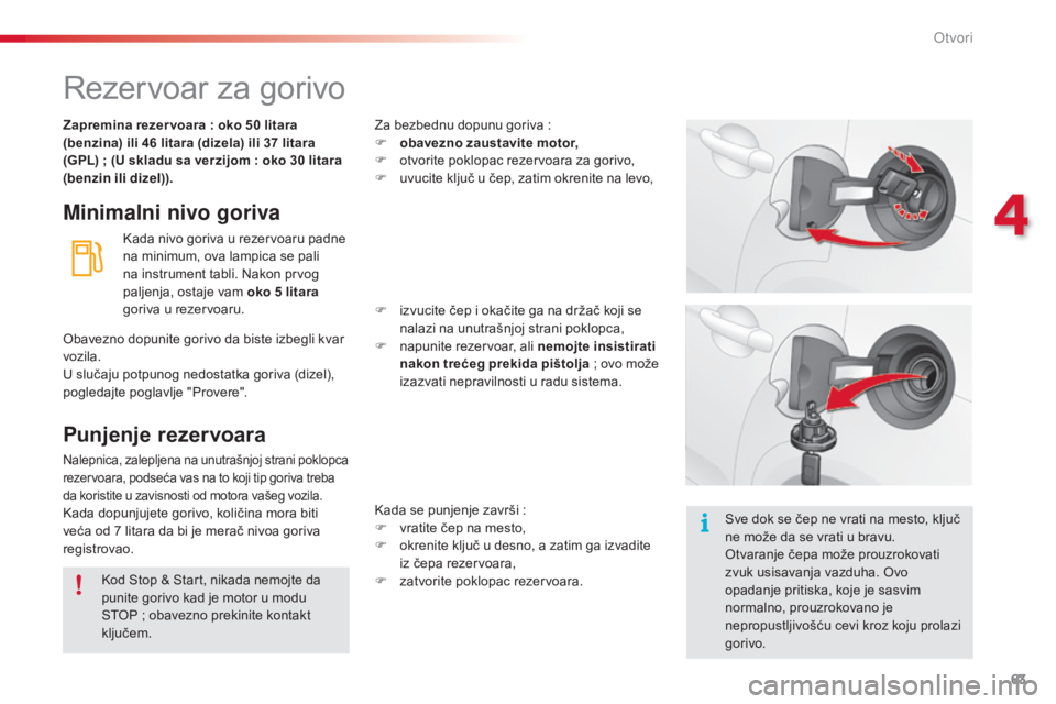 CITROEN C3 2015  Priručnik (in Serbian) 63
C3_sr_Chap04_ouvertures_ed01-2014
rezervoar za gorivo
Minimalni nivo goriva
kada nivo goriva u rezervoaru padne 
na minimum, ova lampica se pali 
na instrument tabli. 
n
a
 kon prvog 
paljenja, ost