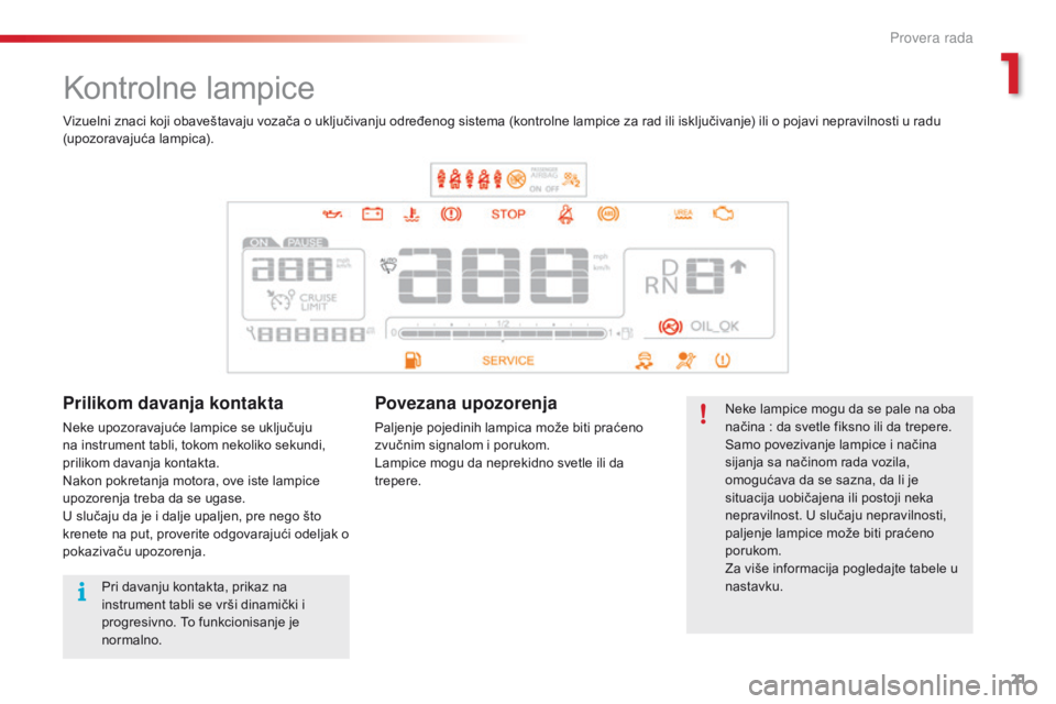 CITROEN C4 CACTUS 2014 Priručnik (in Serbian) 21
E3_sr_Chap01_controle-de-marche_ed01-2014
Kontrolne lampice
Neke lampice mogu da se pale na oba
načina : da svetle fiksno ili da trepere.
Samo povezivanje lampice i načina
sijanja sa načinom CITROEN C4 CACTUS 2014 Priručnik (in Serbian) 21
E3_sr_Chap01_controle-de-marche_ed01-2014
Kontrolne lampice
Neke lampice mogu da se pale na oba
načina : da svetle fiksno ili da trepere.
Samo povezivanje lampice i načina
sijanja sa načinom