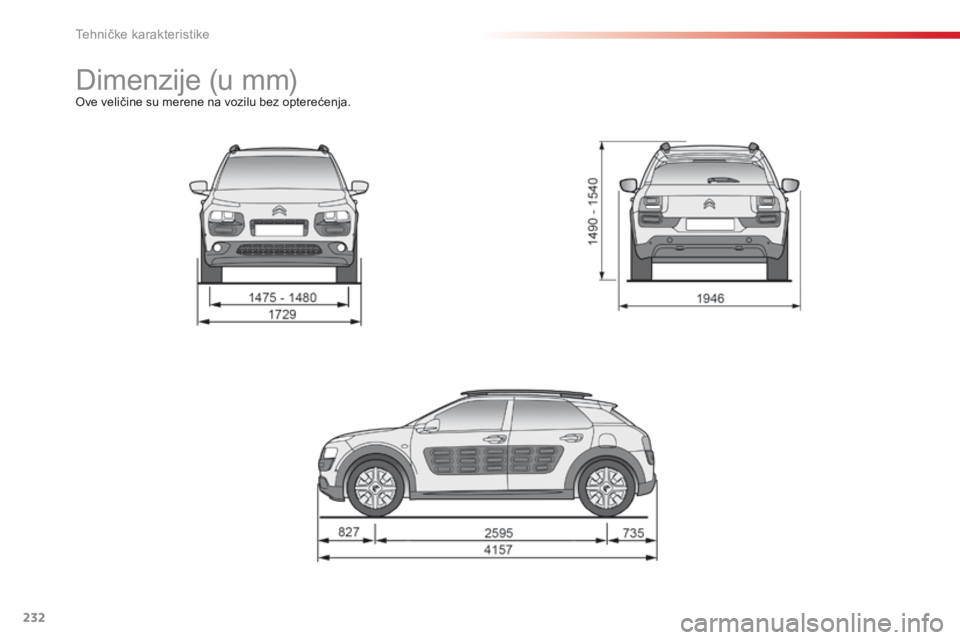 CITROEN C4 CACTUS 2014 Priručnik (in Serbian) 232
E3_sr_Chap11_caracteristiques_techniques_ed01-2014
Dimenzije (u mm)Ove veličine su merene na vozilu bez opterećenja.
Tehničke karakteristike CITROEN C4 CACTUS 2014 Priručnik (in Serbian) 232
E3_sr_Chap11_caracteristiques_techniques_ed01-2014
Dimenzije (u mm)Ove veličine su merene na vozilu bez opterećenja.
Tehničke karakteristike