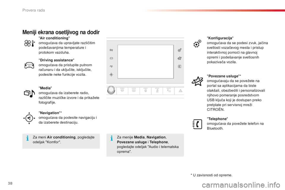 CITROEN C4 CACTUS 2014  Priručnik (in Serbian) 38
* U zavisnosti od opreme.
"
Air conditioning "
omogućava da upravljate različitim 
podešavanjima temperature i 
protokom vazduha.
" Driving assistance "
omogućava da pristupite 