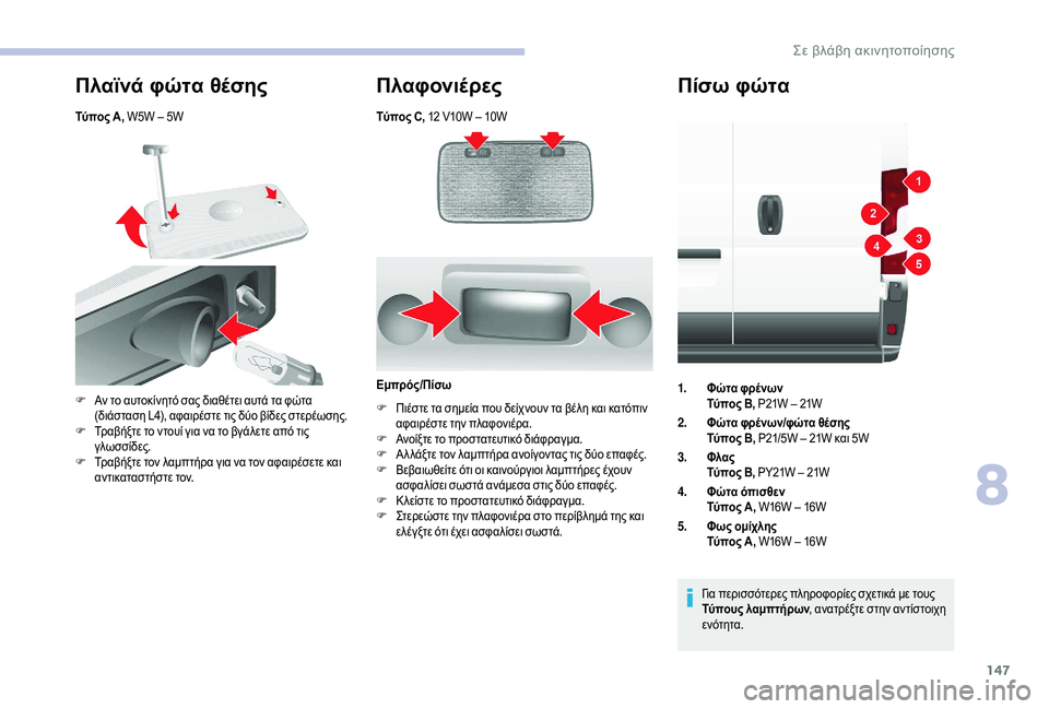 CITROEN JUMPER 2019 ΟΔΗΓΌΣ ΧΡΉΣΗΣ (in Greek) 147
Τύπος C, 12 V10W – 10W
Πλαϊνά φώτα θέσης
Τύπος A, W5W – 5W
Πλαφονιέρες
F Αν το αυτοκίνητό σας διαθέτει αυτά τα φώτα
( CITROEN JUMPER 2019 ΟΔΗΓΌΣ ΧΡΉΣΗΣ (in Greek) 147
Τύπος C, 12 V10W – 10W
Πλαϊνά φώτα θέσης
Τύπος A, W5W – 5W
Πλαφονιέρες
F Αν το αυτοκίνητό σας διαθέτει αυτά τα φώτα
(