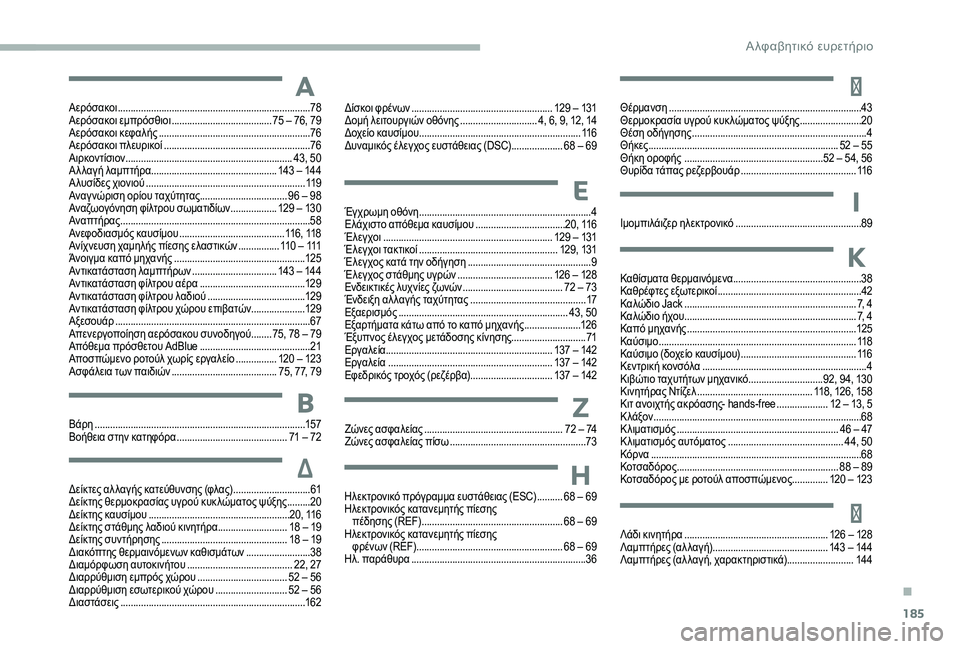 CITROEN JUMPER 2019 ΟΔΗΓΌΣ ΧΡΉΣΗΣ (in Greek) 185
Αερόσακοι ...........................................................................78
Αερόσακοι εμπρόσθιοι ....................................... 7 5 – 76, 79
CITROEN JUMPER 2019 ΟΔΗΓΌΣ ΧΡΉΣΗΣ (in Greek) 185
Αερόσακοι ...........................................................................78
Αερόσακοι εμπρόσθιοι ....................................... 7 5 – 76, 79