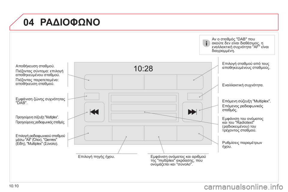 CITROEN JUMPER 2015 ΟΔΗΓΌΣ ΧΡΉΣΗΣ (in Greek) 04
10.10
ΡΑΔΙΟΦΩΝΟ
Εμφάνιση ζώνης συχνότητας "DAB".
Εμφάνιση του ονόματος και του "Radiotext" (ραδιοκειμένο CITROEN JUMPER 2015 ΟΔΗΓΌΣ ΧΡΉΣΗΣ (in Greek) 04
10.10
ΡΑΔΙΟΦΩΝΟ
Εμφάνιση ζώνης συχνότητας "DAB".
Εμφάνιση του ονόματος και του "Radiotext" (ραδιοκειμένο