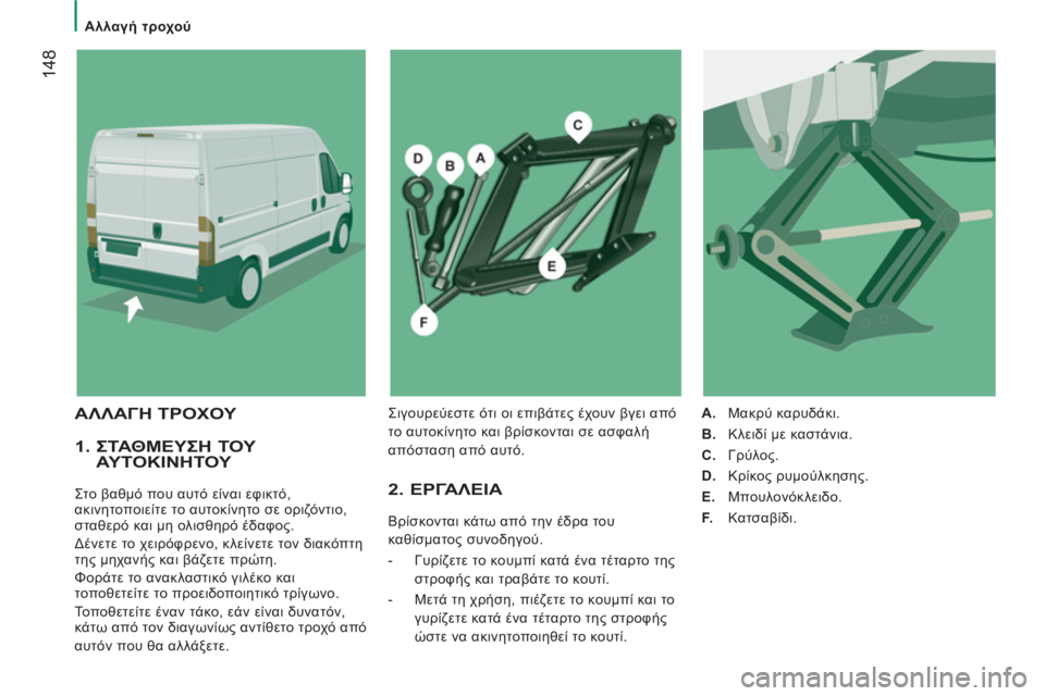 CITROEN JUMPER 2013  ΟΔΗΓΌΣ ΧΡΉΣΗΣ (in Greek) 14
8
   
 
Αλλαγή τροχού  
 
 
 
1.  ΣΤΑΘΜΕΥΣΗ ΤΟΥ ΑΥΤΟΚΙΝΗΤΟΥ 
 
Στο βαθμό που αυτό είναι εφικτό, 
ακινητοποιείτε το αυ