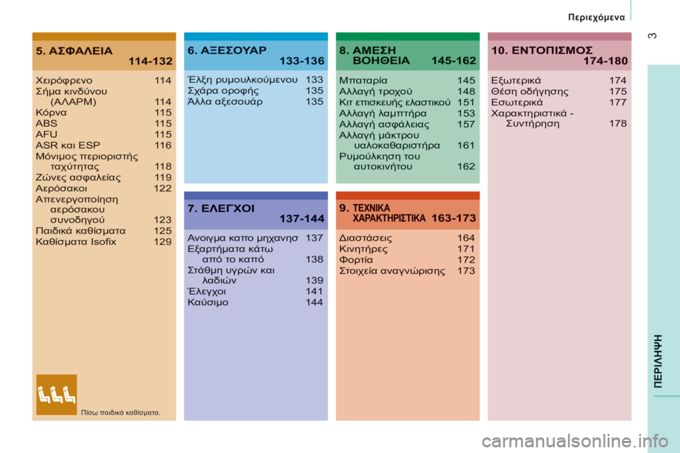 CITROEN JUMPER 2013  ΟΔΗΓΌΣ ΧΡΉΣΗΣ (in Greek) 3
ΠΕΡΙΛΗΨ
Η
Περιεχόμενα
5. ΑΣΦΑΛΕΙΑ114-1326. ΑΞΕΣΟΥΑΡ 133-136
7. ΕΛΕΓΧΟΙ 137-144
8.  ΑΜΕΣΗΒΟΗΘΕΙΑ 145-162
9. ΤΕΧΝΙΚΑΧΑΡΑΚΤΗΡΙΣΤ�
