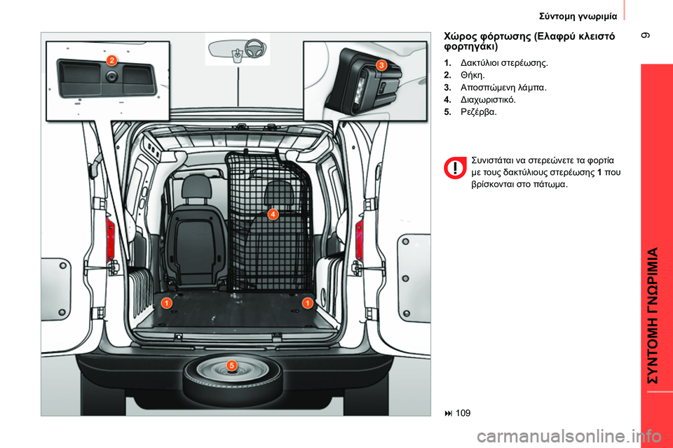CITROEN NEMO 2014 ΟΔΗΓΌΣ ΧΡΉΣΗΣ (in Greek) 9
ΣΥΝΤΟΜΗ ΓΝΩΡΙΜΙΑ
Σύντομη γνωριμία
Χώρος φόρτωσης (Ελαφρύ κλειστό
φορτηγάκι)
1.
Δακτύλιοι στερέωσης. CITROEN NEMO 2014 ΟΔΗΓΌΣ ΧΡΉΣΗΣ (in Greek) 9
ΣΥΝΤΟΜΗ ΓΝΩΡΙΜΙΑ
Σύντομη γνωριμία
Χώρος φόρτωσης (Ελαφρύ κλειστό
φορτηγάκι)
1.
Δακτύλιοι στερέωσης.