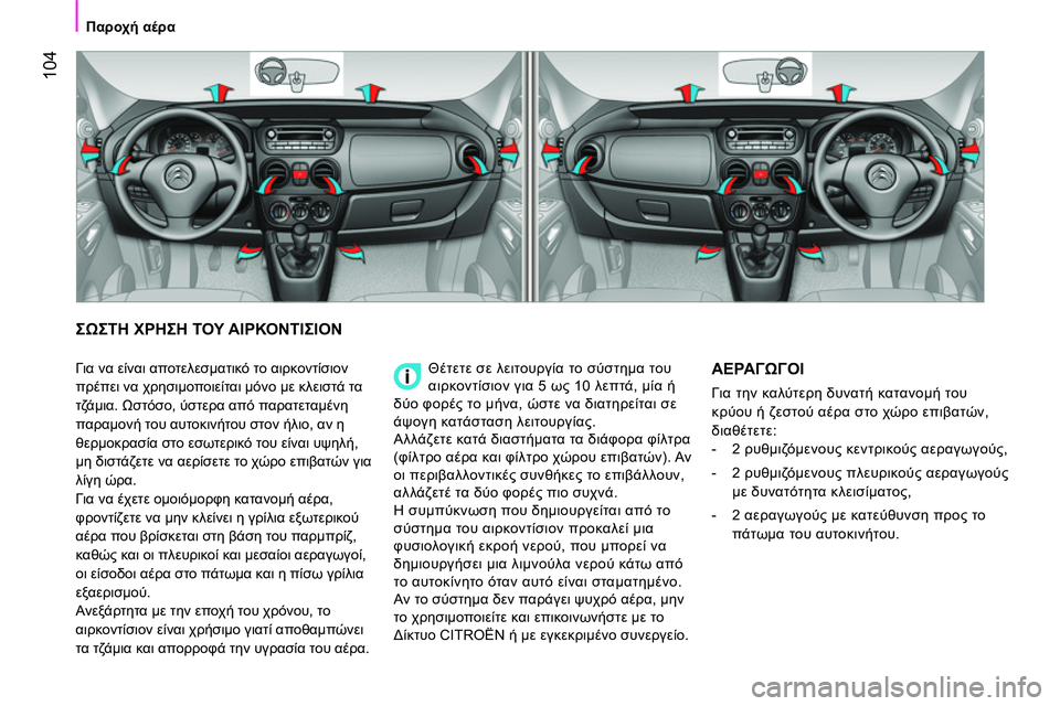 CITROEN NEMO 2014 ΟΔΗΓΌΣ ΧΡΉΣΗΣ (in Greek) 104
Παροχή αέρα
ΣΩΣΤΗ ΧΡΗΣΗ ΤΟΥ ΑΙΡΚΟΝΤΙΣΙΟΝ
Θέτετε σε λειτουργία το σύστημα του
αιρκοντίσιον για 5 ω CITROEN NEMO 2014 ΟΔΗΓΌΣ ΧΡΉΣΗΣ (in Greek) 104
Παροχή αέρα
ΣΩΣΤΗ ΧΡΗΣΗ ΤΟΥ ΑΙΡΚΟΝΤΙΣΙΟΝ
Θέτετε σε λειτουργία το σύστημα του
αιρκοντίσιον για 5 ω