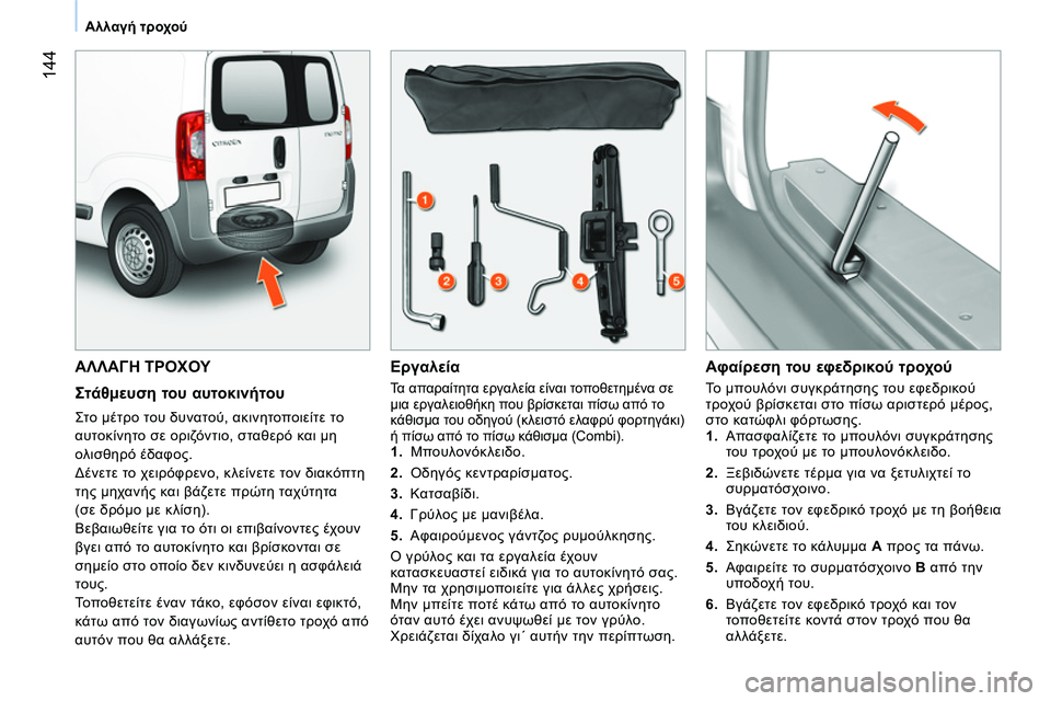 CITROEN NEMO 2014  ΟΔΗΓΌΣ ΧΡΉΣΗΣ (in Greek)  144
Αλλαγή τροχού
 
ΑΛΛΑΓΗ ΤΡΟΧΟΥ 
 
 
Στάθμευση του αυτοκινήτου 
 
Στο μέτρο του δυνατού, ακινητοποιείτε το 
αυτο