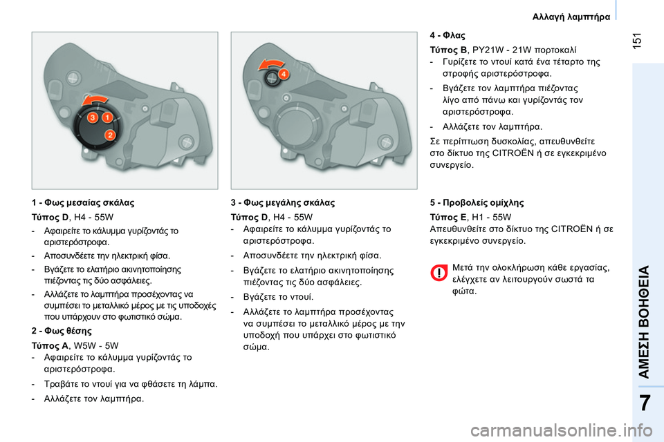 CITROEN NEMO 2014 ΟΔΗΓΌΣ ΧΡΉΣΗΣ (in Greek) 151
7
ΑΜΕΣΗ ΒΟΗΘΕΙΑ
Αλλαγή λαμπτήρα
1 - Φως μεσαίας σκάλας
Τύ πο ς D , H4 - 55W
- Αφαιρείτε το κάλυμμα γ CITROEN NEMO 2014 ΟΔΗΓΌΣ ΧΡΉΣΗΣ (in Greek) 151
7
ΑΜΕΣΗ ΒΟΗΘΕΙΑ
Αλλαγή λαμπτήρα
1 - Φως μεσαίας σκάλας
Τύ πο ς D , H4 - 55W
- Αφαιρείτε το κάλυμμα γ