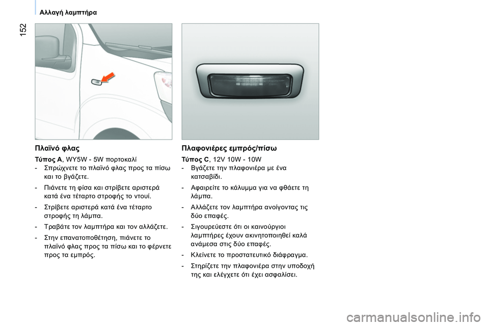 CITROEN NEMO 2014 ΟΔΗΓΌΣ ΧΡΉΣΗΣ (in Greek) 152
Αλλαγή λαμπτήρα
Πλαφονιέρες εμπρός/πίσω
Τύ πο ς C , 12V 10W - 10W
- Βγάζετε την πλαφονιέρα με ένα
κατσαβί CITROEN NEMO 2014 ΟΔΗΓΌΣ ΧΡΉΣΗΣ (in Greek) 152
Αλλαγή λαμπτήρα
Πλαφονιέρες εμπρός/πίσω
Τύ πο ς C , 12V 10W - 10W
- Βγάζετε την πλαφονιέρα με ένα
κατσαβί