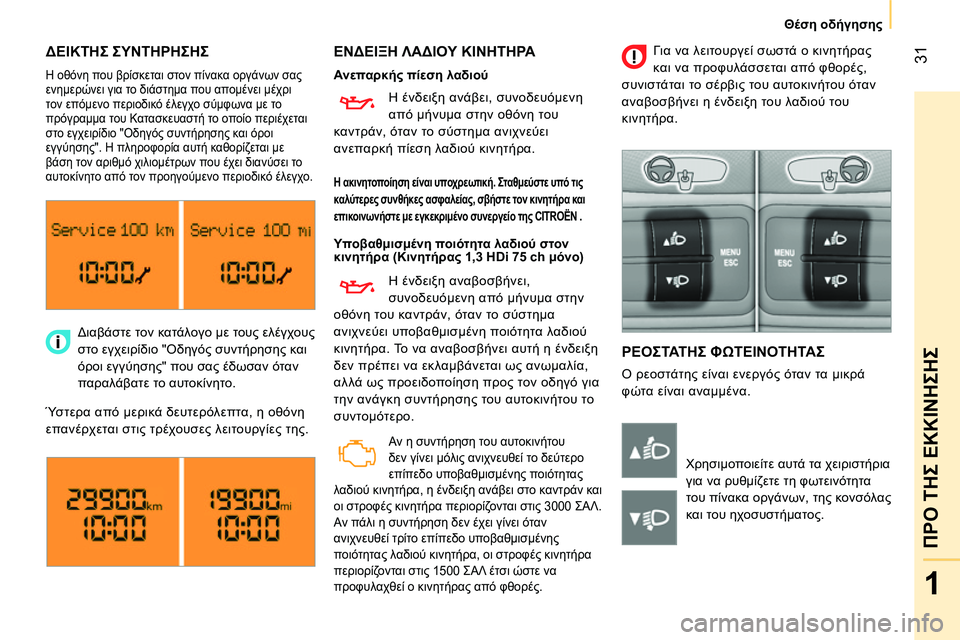 CITROEN NEMO 2014 ΟΔΗΓΌΣ ΧΡΉΣΗΣ (in Greek) 31
1
ΠΡΟ ΤΗΣ ΕΚΚΙΝΗΣΗΣ
Θέση οδήγησης
ΔΕΙΚΤΗΣ ΣΥΝΤΗΡΗΣΗΣ
ΕΝΔΕΙΞΗ ΛΑΔΙΟΥ ΚΙΝΗΤΗΡΑ
ΡΕΟΣΤΑΤΗΣ ΦΩΤΕΙΝΟ CITROEN NEMO 2014 ΟΔΗΓΌΣ ΧΡΉΣΗΣ (in Greek) 31
1
ΠΡΟ ΤΗΣ ΕΚΚΙΝΗΣΗΣ
Θέση οδήγησης
ΔΕΙΚΤΗΣ ΣΥΝΤΗΡΗΣΗΣ
ΕΝΔΕΙΞΗ ΛΑΔΙΟΥ ΚΙΝΗΤΗΡΑ
ΡΕΟΣΤΑΤΗΣ ΦΩΤΕΙΝΟ
