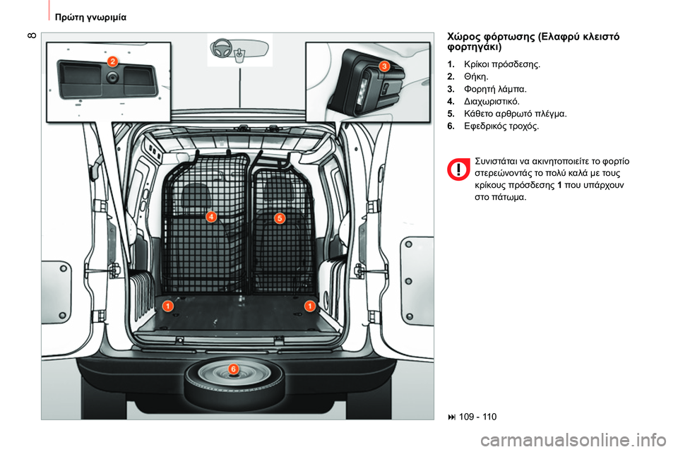 CITROEN NEMO 2014 ΟΔΗΓΌΣ ΧΡΉΣΗΣ (in Greek) 8
Πρώτη γνωριμία
Χώρος φόρτωσης (Ελαφρύ κλειστό
φορτηγάκι)
1.
Κρίκοι πρόσδεσης.
2.
Θήκη.
3.
Φορητ CITROEN NEMO 2014 ΟΔΗΓΌΣ ΧΡΉΣΗΣ (in Greek) 8
Πρώτη γνωριμία
Χώρος φόρτωσης (Ελαφρύ κλειστό
φορτηγάκι)
1.
Κρίκοι πρόσδεσης.
2.
Θήκη.
3.
Φορητ