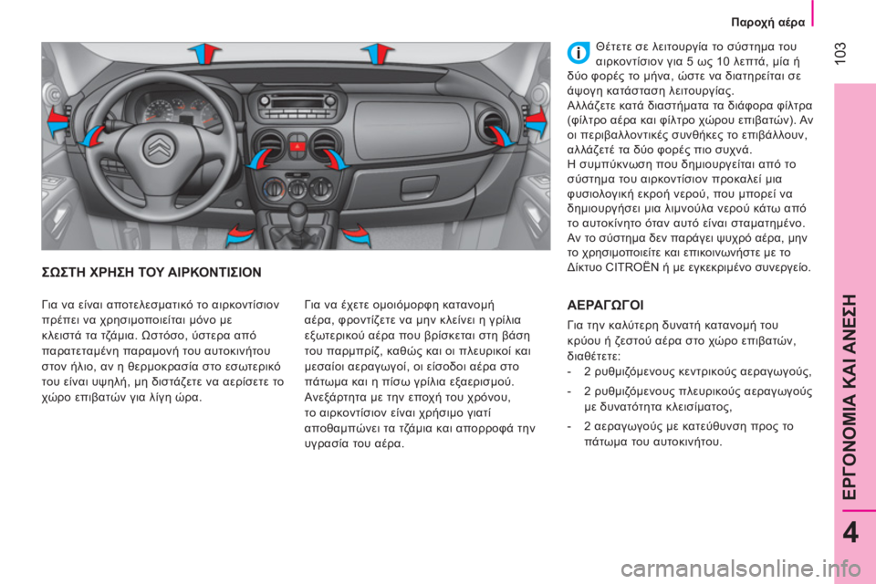 CITROEN NEMO 2013 ΟΔΗΓΌΣ ΧΡΉΣΗΣ (in Greek) 103
4
ΕΡΓΟΝΟΜΙΑ ΚΑΙ ΑΝΕΣΗ
Παροχή αέρα
ΣΩΣΤΗ ΧΡΗΣΗ ΤΟΥ ΑΙΡΚΟΝΤΙΣΙΟΝ
Για να έχετε ομοιόμορφη κατανομή
α CITROEN NEMO 2013 ΟΔΗΓΌΣ ΧΡΉΣΗΣ (in Greek) 103
4
ΕΡΓΟΝΟΜΙΑ ΚΑΙ ΑΝΕΣΗ
Παροχή αέρα
ΣΩΣΤΗ ΧΡΗΣΗ ΤΟΥ ΑΙΡΚΟΝΤΙΣΙΟΝ
Για να έχετε ομοιόμορφη κατανομή
α
