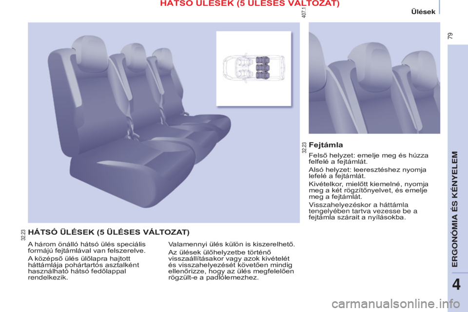 CITROEN BERLINGO MULTISPACE 2015  Kezelési útmutató (in Hungarian)  79
Berlingo-2-VP_hu_Chap04_Ergonomie_ed01-2015Berlingo-2-VP_hu_Chap04_Ergonomie_ed01-2015
háTSó ÜLÉSEK (5 ÜLÉSES VáLTOZAT)Fejtámla
Valamennyi ülés külön is kiszerelhető.
Az ülések ül