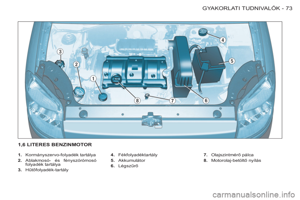 CITROEN BERLINGO FIRST 2011 Kezelési útmutató (in Hungarian) 73 GYAKORLATI TUDNIVALÓK
-
1.
Kormányszervo-folyadék tartálya
2.
Ablakmosó- és fényszórómosó
folyadék tartálya
3.
Hűtőfolyadék-tartály
4.
Fékfolyadéktart CITROEN BERLINGO FIRST 2011 Kezelési útmutató (in Hungarian) 73 GYAKORLATI TUDNIVALÓK
-
1.
Kormányszervo-folyadék tartálya
2.
Ablakmosó- és fényszórómosó
folyadék tartálya
3.
Hűtőfolyadék-tartály
4.
Fékfolyadéktart