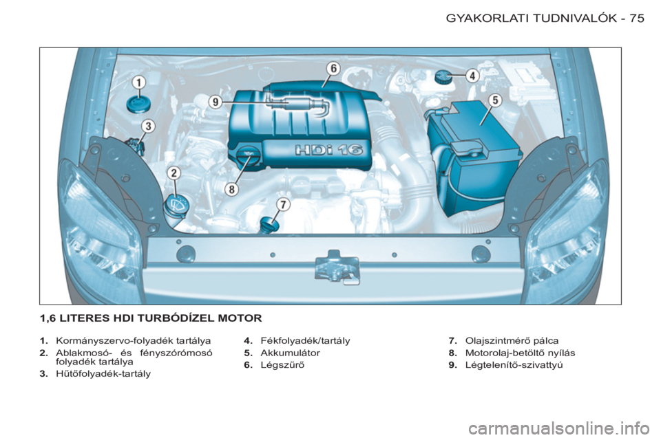 CITROEN BERLINGO FIRST 2011 Kezelési útmutató (in Hungarian) 75 GYAKORLATI TUDNIVALÓK
-
1.
Kormányszervo-folyadék tartálya
2.
Ablakmosó- és fényszórómosó
folyadék tartálya
3.
Hűtőfolyadék-tartály
4.
Fékfolyadék/tar CITROEN BERLINGO FIRST 2011 Kezelési útmutató (in Hungarian) 75 GYAKORLATI TUDNIVALÓK
-
1.
Kormányszervo-folyadék tartálya
2.
Ablakmosó- és fényszórómosó
folyadék tartálya
3.
Hűtőfolyadék-tartály
4.
Fékfolyadék/tar