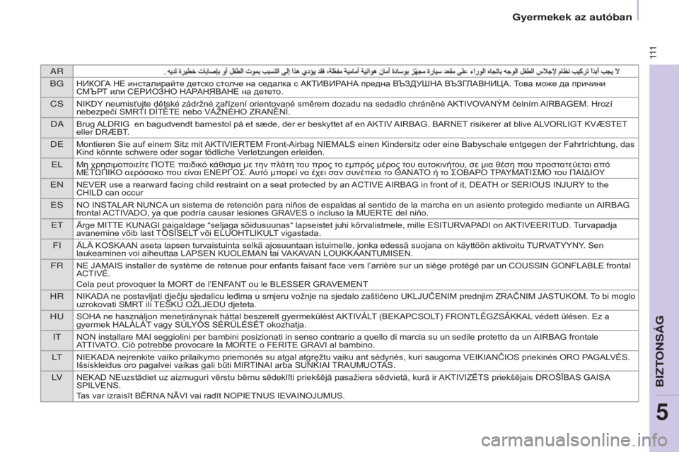 CITROEN BERLINGO ELECTRIC 2017  Kezelési útmutató (in Hungarian) aR
BG
НИКОГА НЕ инсталирайте детско столче на седалка с АКТИВИРАНА предна ВЪЗДУШНА ВЪЗГЛАВНИЦА. Това може да пр