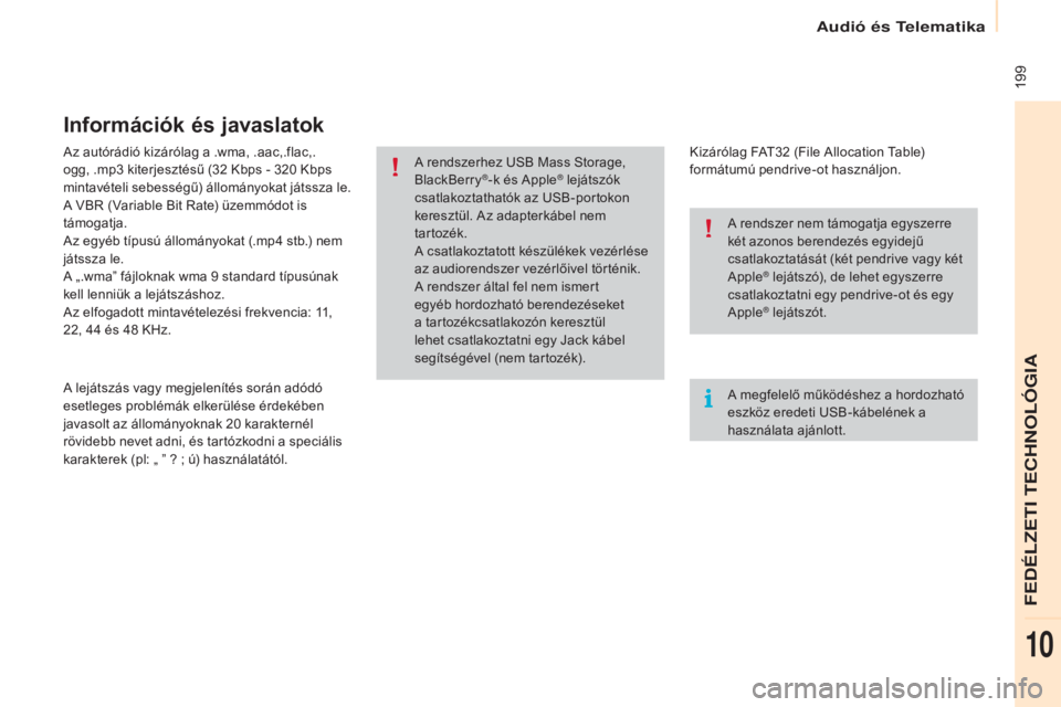 CITROEN BERLINGO ELECTRIC 2017  Kezelési útmutató (in Hungarian)  199
Berlingo-2-VU_hu_Chap10a_SMEGplus_ed01-2015
Az autórádió kizárólag a .wma, .aac,.flac,.
ogg, .mp3  kiterjesztésű (32   Kbps - 320   Kbps 
mintavételi sebességű) állományokat játssza 