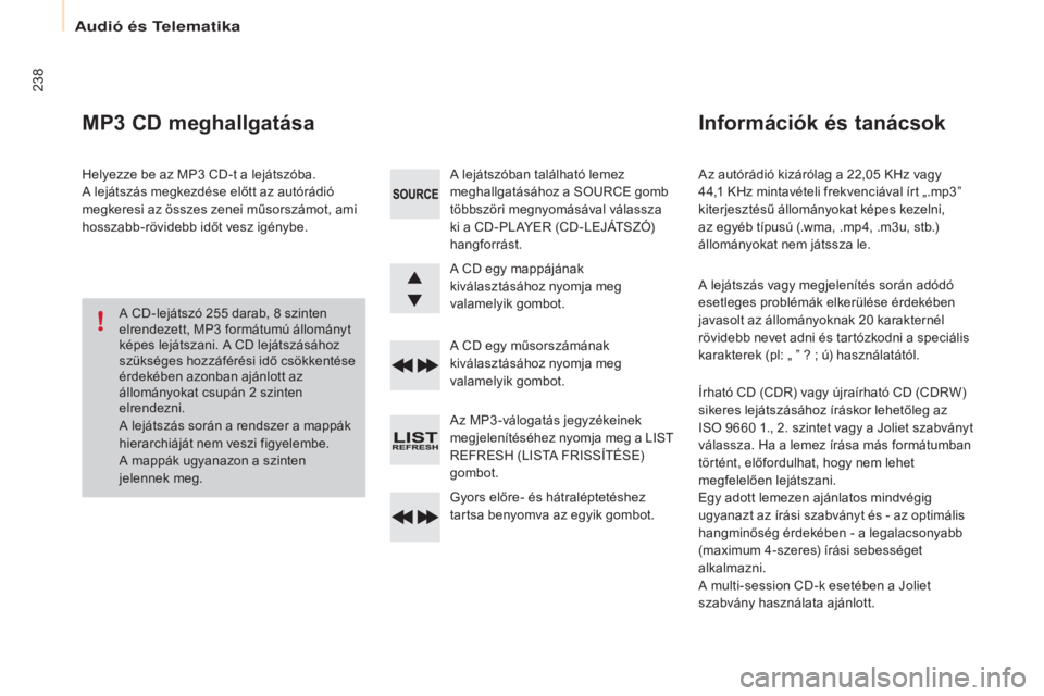 CITROEN BERLINGO ELECTRIC 2017  Kezelési útmutató (in Hungarian) 238
Berlingo-2-VU_hu_Chap10b_RD45_ed01-2015
Az autórádió kizárólag a 22,05 KHz vagy 
4 4,1   KHz mintavételi frekvenciával írt „.mp3ˮ 
kiterjesztésű állományokat képes kezelni, 
az egy