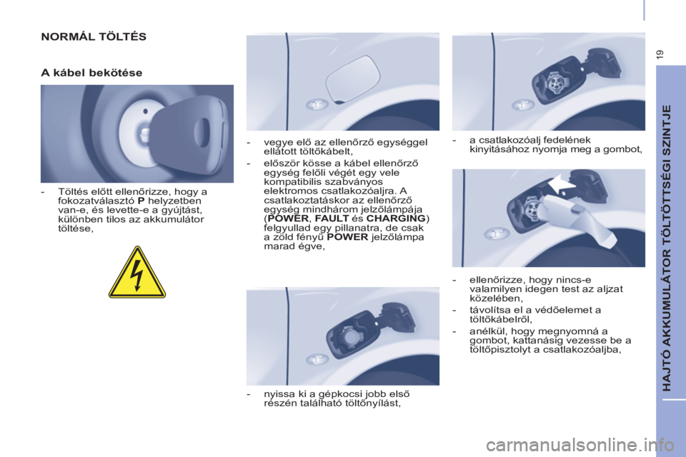 CITROEN BERLINGO ELECTRIC 2017  Kezelési útmutató (in Hungarian) 19
  HAJTÓ AKKUMULÁTOR TÖLTÖTTSÉGI SZINTJE 
 
NORMÁL TÖLTÉS 
   
A kábel bekötése 
 
 
 
-  Töltés előtt ellenőrizze, hogy a 
fokozatválasztó  P 
 helyzetben 
van-e, és levette-e a g