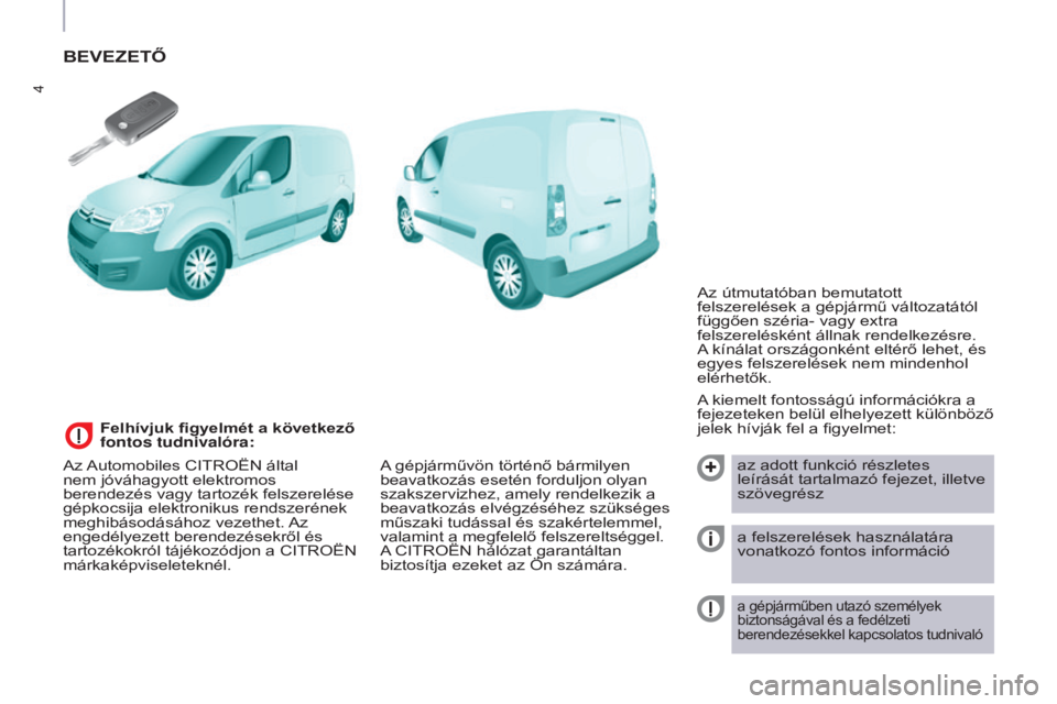 CITROEN BERLINGO ELECTRIC 2017  Kezelési útmutató (in Hungarian) 4
Berlingo-2-VU_hu_Chap01_vue ensemble_ed01-2015
BEVEZETŐ
A kiemelt fontosságú információkra a 
fejezeteken belül elhelyezett különböző 
jelek hívják fel a figyelmet:az adott funkció rés