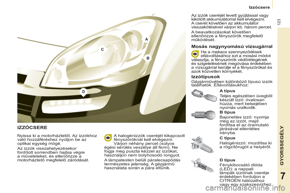 CITROEN BERLINGO ELECTRIC 2015  Kezelési útmutató (in Hungarian) Izzócsere
123
GYORSSEGÉLY
7
  IZZÓCSERE
 
 
B típus  
  Bajonettes izzó: nyomja 
meg az izzót, majd 
fordítsa el az óramutató 
járásával ellentétes 
irányba.     
A típus  
  Teljes eg