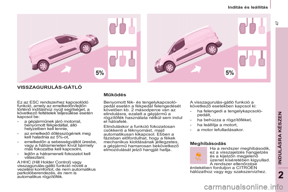 CITROEN BERLINGO ELECTRIC 2015  Kezelési útmutató (in Hungarian)    
 
Indítás és leállítás  
 
47
INDULÁSRA KÉSZE
N
 VISSZAGURULÁS-GÁTLÓ
   
Működés 
 
Benyomott fék- és tengelykapcsoló-
pedál esetén a fékpedál felengedését 
követően kb. 2