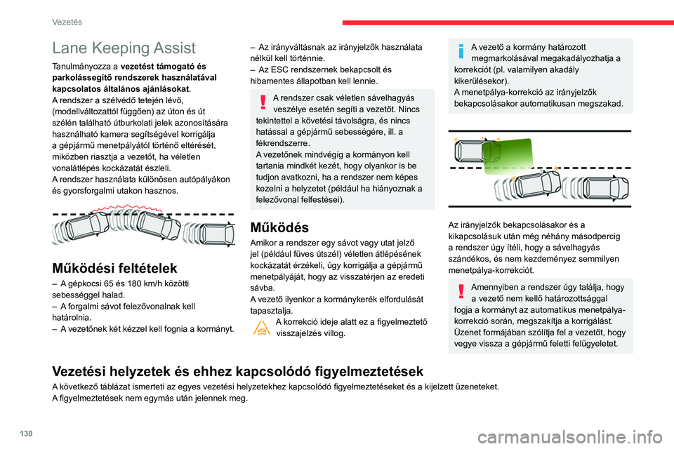 CITROEN BERLINGO VAN 2021 Kezelési útmutató (in Hungarian) 130
Vezetés
Lane Keeping Assist
Tanulmányozza a vezetést támogató és
parkolássegítő rendszerek használatával
kapcsolatos általános ajánlásokat.
A rendszer a szélvédő tetején lév CITROEN BERLINGO VAN 2021 Kezelési útmutató (in Hungarian) 130
Vezetés
Lane Keeping Assist
Tanulmányozza a vezetést támogató és
parkolássegítő rendszerek használatával
kapcsolatos általános ajánlásokat.
A rendszer a szélvédő tetején lév