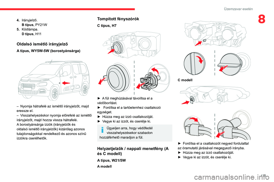 CITROEN BERLINGO VAN 2021  Kezelési útmutató (in Hungarian) 171
Üzemzavar esetén
84.Irányjelző.
B típus, PY21W
5. Ködlámpa.
D típus, H11
Oldalsó ismétlő irányjelző
A típus, WY5W-5W (borostyánsárga) 
 
– Nyomja hátrafelé az ismétlő irányj