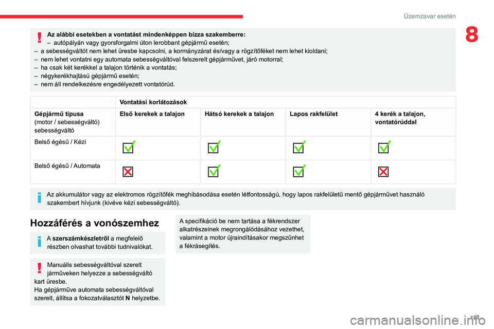 CITROEN BERLINGO VAN 2021  Kezelési útmutató (in Hungarian) 181
Üzemzavar esetén
8Az alábbi esetekben a vontatást mindenképpen bízza szakemberre:
– autópályán vagy gyorsforgalmi úton lerobbant gépjármű esetén;
–
 
a sebességváltót nem lehe