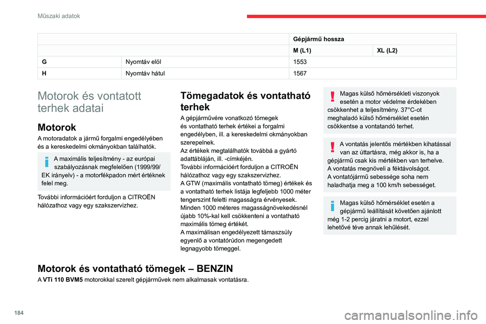 CITROEN BERLINGO VAN 2021  Kezelési útmutató (in Hungarian) 184
Műszaki adatok
Motorok és vontatható tömegek – BENZIN EURO 6.3
MotorPureTech 110 S&S BVM6 PureTech 130 S&S EAT8
Sebességváltó Manuális, 6 fokozatúAutomata, 8 fokozatú
Kód EB2ADT MB6 S