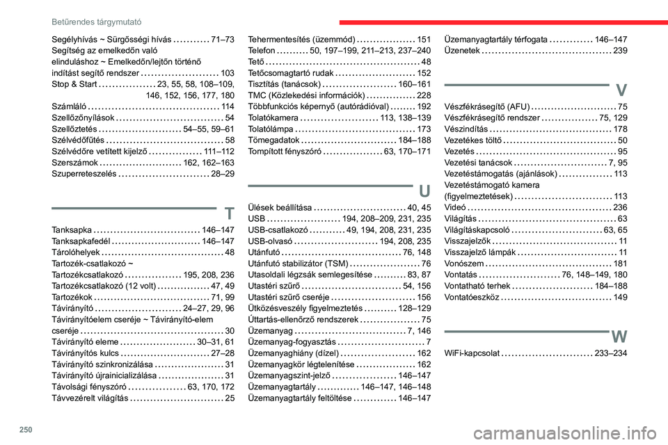 CITROEN BERLINGO VAN 2021  Kezelési útmutató (in Hungarian) 250
Betűrendes tárgymutató
Segélyhívás ~ Sürgősségi hívás     71–73
Segítség az emelkedőn való   
elinduláshoz ~ Emelkedőn/lejtőn történő   
indítást segítő rendszer
   
103