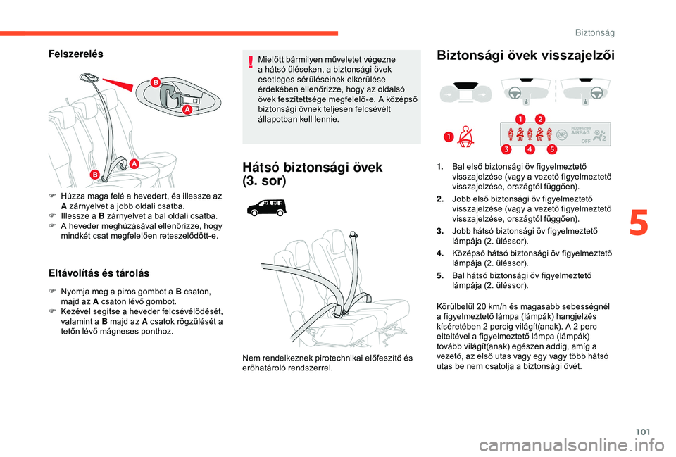 CITROEN BERLINGO VAN 2019  Kezelési útmutató (in Hungarian) 101
Felszerelés
Eltávolítás és tárolás
F Nyomja meg a piros gombot a B csaton, majd az A csaton lévő gombot.
F
 
K
 ezével segítse a heveder felcsévélődését, 
valamint a  B majd az A c