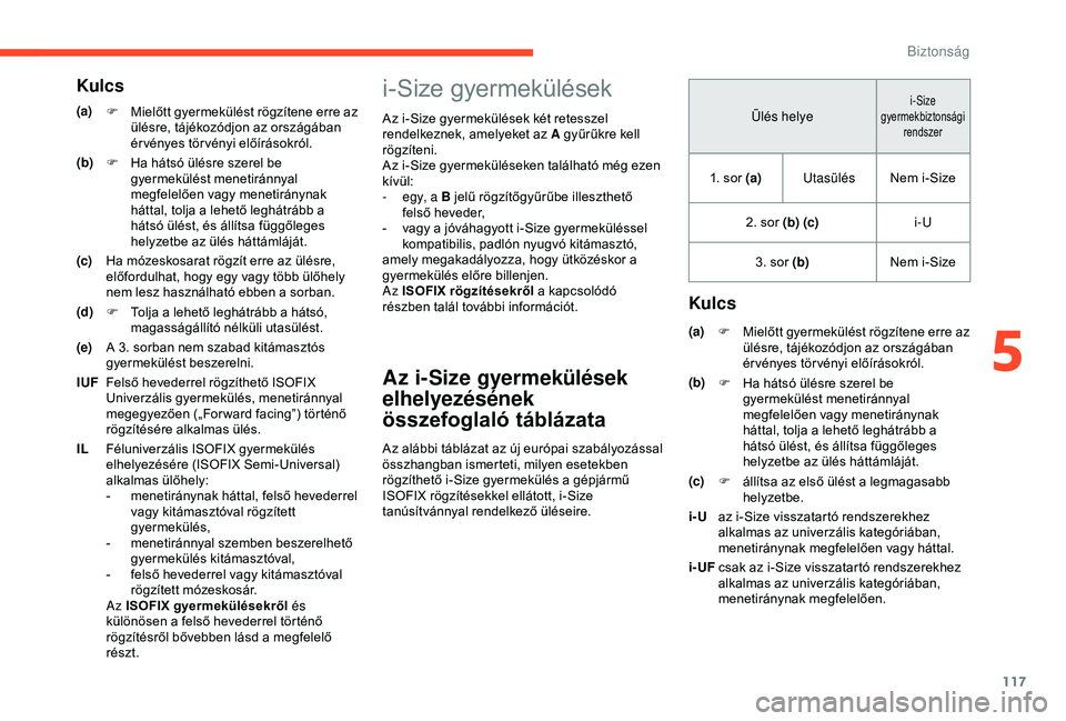 CITROEN BERLINGO VAN 2019 Kezelési útmutató (in Hungarian) 117
i-Size gyermekülések
Az i-Size gyermekülések két retesszel
rendelkeznek, amelyeket az A gyűrűkre kell
rögzíteni.
Az i-Size gyermeküléseken található még ezen
kívül:
-
e
gy, a CITROEN BERLINGO VAN 2019 Kezelési útmutató (in Hungarian) 117
i-Size gyermekülések
Az i-Size gyermekülések két retesszel
rendelkeznek, amelyeket az A gyűrűkre kell
rögzíteni.
Az i-Size gyermeküléseken található még ezen
kívül:
-
e
gy, a