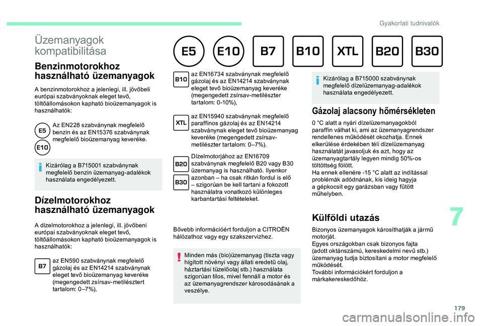 CITROEN BERLINGO VAN 2019  Kezelési útmutató (in Hungarian) 179
Üzemanyagok 
kompatibilitása 
Benzinmotorokhoz 
használható üzemanyagok
A benzinmotorokhoz a jelenlegi, ill. jövőbeli 
európai szabványoknak eleget tevő, 
töltőállomásokon kapható b