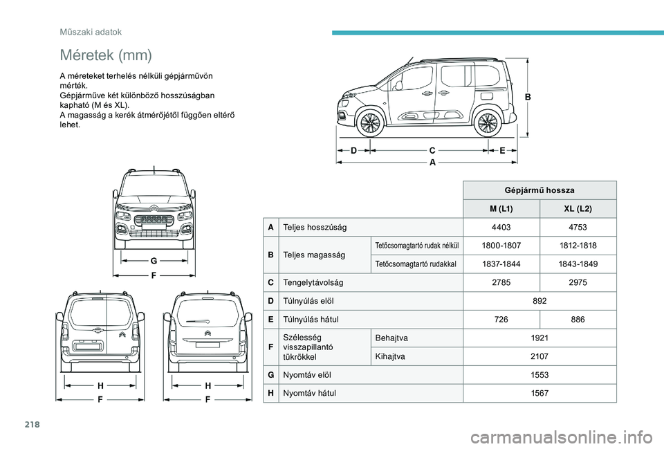 CITROEN BERLINGO VAN 2019 Kezelési útmutató (in Hungarian) 218
Méretek (mm)
A méreteket terhelés nélküli gépjárművön
mérték.
Gépjárműve két különböző hosszúságban
kapható (M és XL).
A magasság a kerék átmérőjétől függően elt CITROEN BERLINGO VAN 2019 Kezelési útmutató (in Hungarian) 218
Méretek (mm)
A méreteket terhelés nélküli gépjárművön
mérték.
Gépjárműve két különböző hosszúságban
kapható (M és XL).
A magasság a kerék átmérőjétől függően elt