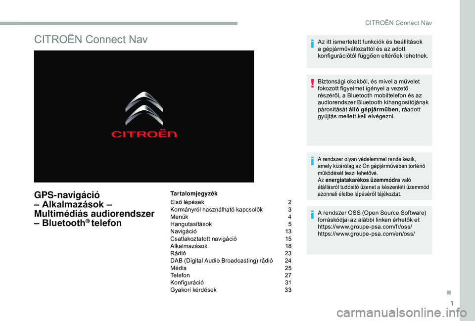 CITROEN BERLINGO VAN 2019 Kezelési útmutató (in Hungarian) 1
CITROËN Connect Nav
GPS-navigáció
– Alkalmazások –
Multimédiás audiorendszer
– Bluetooth
® telefon
Tartalomjegyzék
Első lépések
2
K
ormányról használható kapcsolók
3
M
e CITROEN BERLINGO VAN 2019 Kezelési útmutató (in Hungarian) 1
CITROËN Connect Nav
GPS-navigáció
– Alkalmazások –
Multimédiás audiorendszer
– Bluetooth
® telefon
Tartalomjegyzék
Első lépések
2
K
ormányról használható kapcsolók
3
M
e