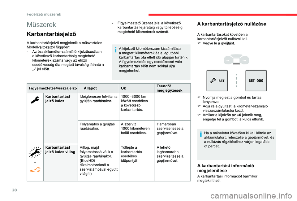 CITROEN BERLINGO VAN 2019  Kezelési útmutató (in Hungarian) 28
Műszerek
Karbantartásjelző
A karbantartásjelző megjelenik a műszer falon. 
Modellváltozattól függően:
- 
A
 z összkilométer-számláló kijelzősorában 
a következő karbantartásig m