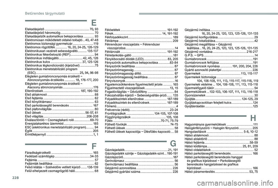 CITROEN BERLINGO VAN 2019  Kezelési útmutató (in Hungarian) 228
EElakadásjelző ...................................................... 70,  93
E lakadásjelző háromszög ......................................... 70
E
lakadásjelzők automatikus bekapcsolás