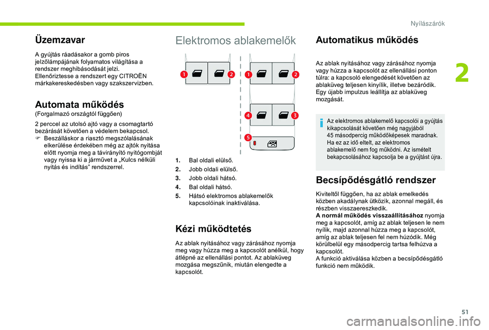 CITROEN BERLINGO VAN 2019  Kezelési útmutató (in Hungarian) 51
Elektromos ablakemelők
1.Bal oldali elülső.
2. Jobb oldali elülső.
3. Jobb oldali hátsó.
4. Bal oldali hátsó.
5. Hátsó elektromos ablakemelők 
kapcsolóinak inaktiválása.
Kézi műkö