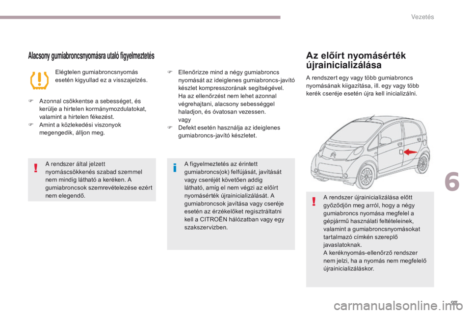 CITROEN C-ZERO 2017  Kezelési útmutató (in Hungarian) 93
C-Zero_hu_Chap06_conduite_ed01-2016
Alacsony gumiabroncsnyomásra utaló figyelmeztetés
Elégtelen gumiabroncsnyomás 
esetén kigyullad ez a visszajelzés.
F
 
A

zonnal csökkentse a sebességet