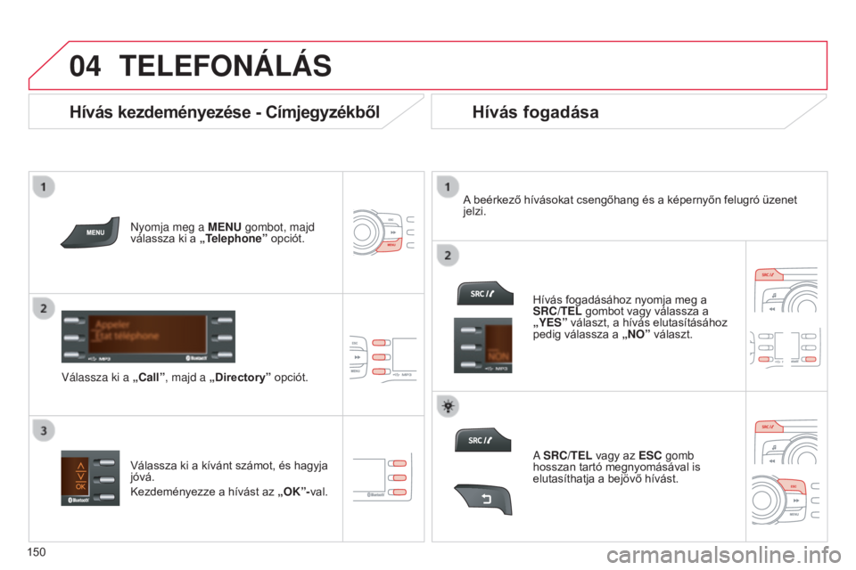 CITROEN C-ZERO 2016 Kezelési útmutató (in Hungarian)
04
150
C-zero_hu_Chap11b_RDE2_ed01-2014
TELEFONÁLÁS
Nyomja meg a MENU gombot, majd
válassza ki a „Telephone” opciót.
Válassza ki a „Call”, majd a „Directory ” opciót.A beérkez CITROEN C-ZERO 2016 Kezelési útmutató (in Hungarian)
04
150
C-zero_hu_Chap11b_RDE2_ed01-2014
TELEFONÁLÁS
Nyomja meg a MENU gombot, majd
válassza ki a „Telephone” opciót.
Válassza ki a „Call”, majd a „Directory ” opciót.A beérkez