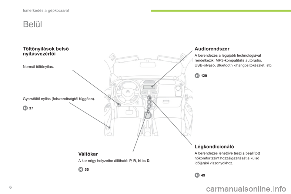 CITROEN C-ZERO 2014  Kezelési útmutató (in Hungarian) Ismerkedés a gépkocsival
6
  Belül  
 
 Váltókar 
 
A kar négy helyzetbe állítható: P,  PR , Nés D . 
Töltőnyílások belső 
nyitásvezérlői
   
Lé
gkondicionáló
 A berendezés lehet