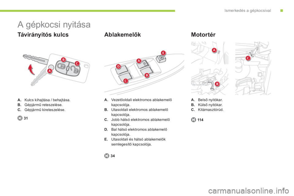 CITROEN C-ZERO 2012  Kezelési útmutató (in Hungarian) .Ismerkedés a gépkocsival
5
31
  A gépkocsi nyitása 
A.Kulcs kihajtása / behajtása.
B.Gépjármű reteszelése. C.Gépjármű kireteszelése.  
 
 
Tá v i r á nyítós kulcs   
Motortér 
114
