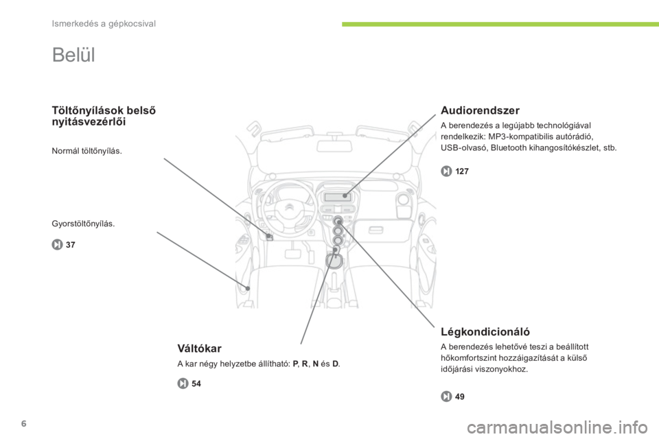 CITROEN C-ZERO 2012  Kezelési útmutató (in Hungarian) Ismerkedés a gépkocsival
6
  Belül  
 
 Váltókar 
 
A kar négy helyzetbe állítható: P,  PR , Nés D . 
Töltőnyílások belső 
nyitásvezérlői
   
Lé
gkondicionáló
 A berendezés lehet