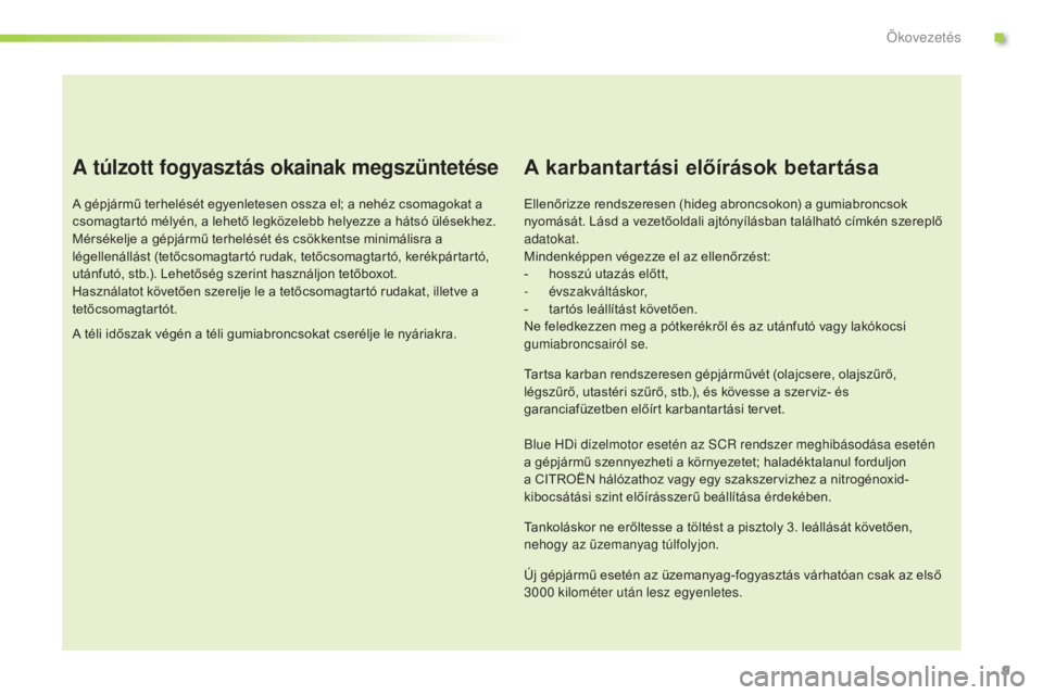 CITROEN C3 2015 Kezelési útmutató (in Hungarian) 9
C3_hu_Chap00c_eco-conduite_ed01-2014
A túlzott fogyasztás okainak megszüntetése
A gépjármű terhelését egyenletesen ossza el; a nehéz csomagokat a
csomagtartó mélyén, a lehető legköze CITROEN C3 2015 Kezelési útmutató (in Hungarian) 9
C3_hu_Chap00c_eco-conduite_ed01-2014
A túlzott fogyasztás okainak megszüntetése
A gépjármű terhelését egyenletesen ossza el; a nehéz csomagokat a
csomagtartó mélyén, a lehető legköze