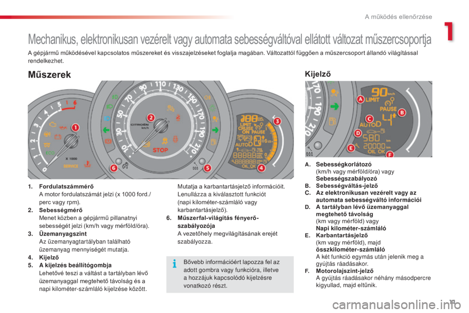 CITROEN C3 2015  Kezelési útmutató (in Hungarian) 11
C3_hu_Chap01_Controle-de-marche_ed01-2014
C3_hu_Chap01_Controle-de-marche_ed01-2014
Mechanikus, elektronikusan vezérelt vagy automata sebességváltóval ellátott változat műszercsoportja
A gé