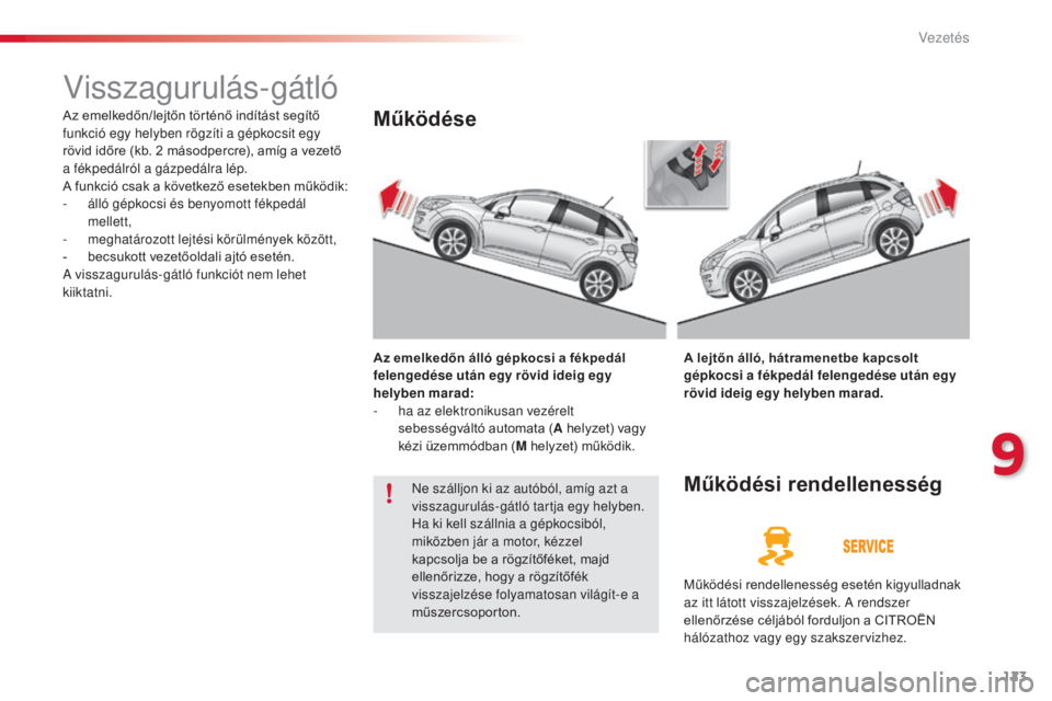 CITROEN C3 2015  Kezelési útmutató (in Hungarian) 123
C3_hu_Chap09_Conduite_ed01-2014
C3_hu_Chap09_Conduite_ed01-2014
Visszagurulás-gátló
Az emelkedőn/lejtőn történő indítást segítő 
funkció egy helyben rögzíti a gépkocsit egy 
rövid