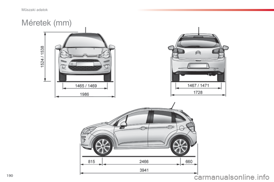 CITROEN C3 2015  Kezelési útmutató (in Hungarian) 190
C3_hu_Chap12_Caracteristiques_ed01-2014
C3_hu_Chap12_Caracteristiques_ed01-2014
C3_hu_Chap12_Caracteristiques_ed01-2014
C3_hu_Chap12_Caracteristiques_ed01-2014
Méretek (mm) 
Műszaki adatok  