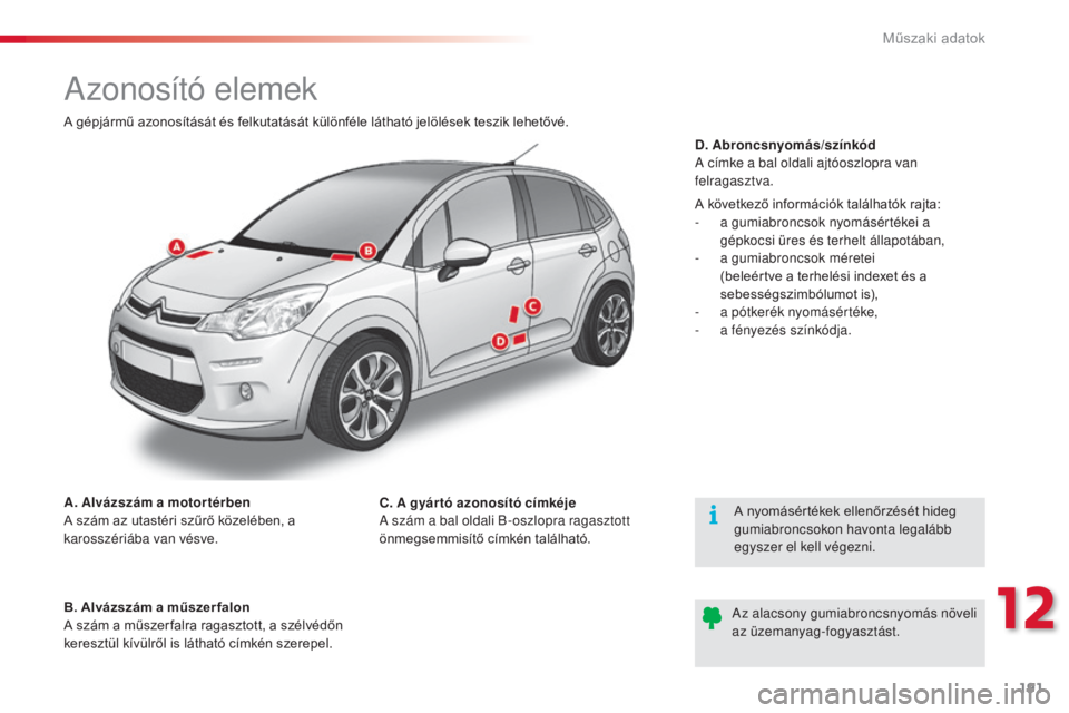 CITROEN C3 2015  Kezelési útmutató (in Hungarian) 191
C3_hu_Chap12_Caracteristiques_ed01-2014
C3_hu_Chap12_Caracteristiques_ed01-2014
C3_hu_Chap12_Caracteristiques_ed01-2014
C3_hu_Chap12_Caracteristiques_ed01-2014
azonosító elemek
B. Alvázszám a 